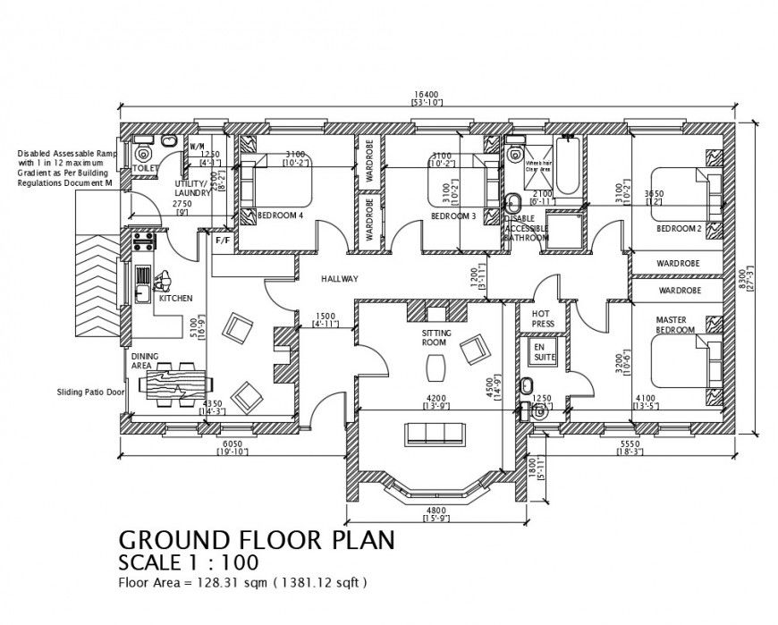Ground floor plan of a house design, dwg file
