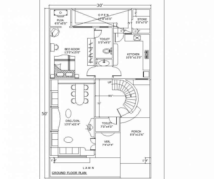 Ground floor plan of bungalow drawing in dwg file.