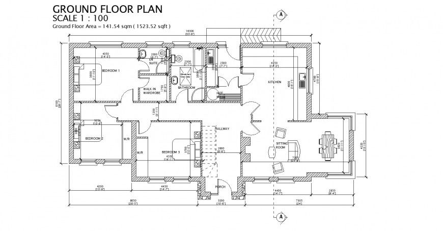 Ground floor plan of house with 141.54 sqm area drawing in dwg AutoCAD file.