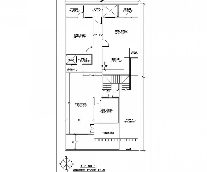 Ground floor plan of raw house in dwg file.