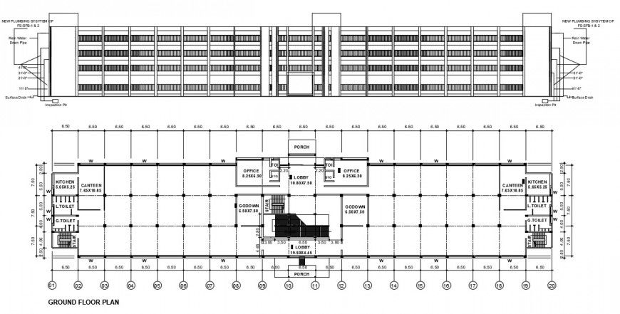 Ground floor plan of the office building with detail dimension in autocad