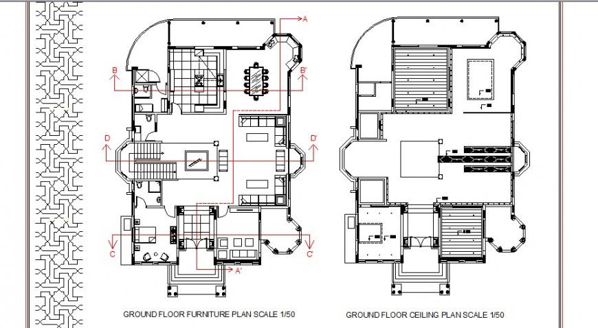 Ground floor plan with furniture and ceiling layout of villa dwg file