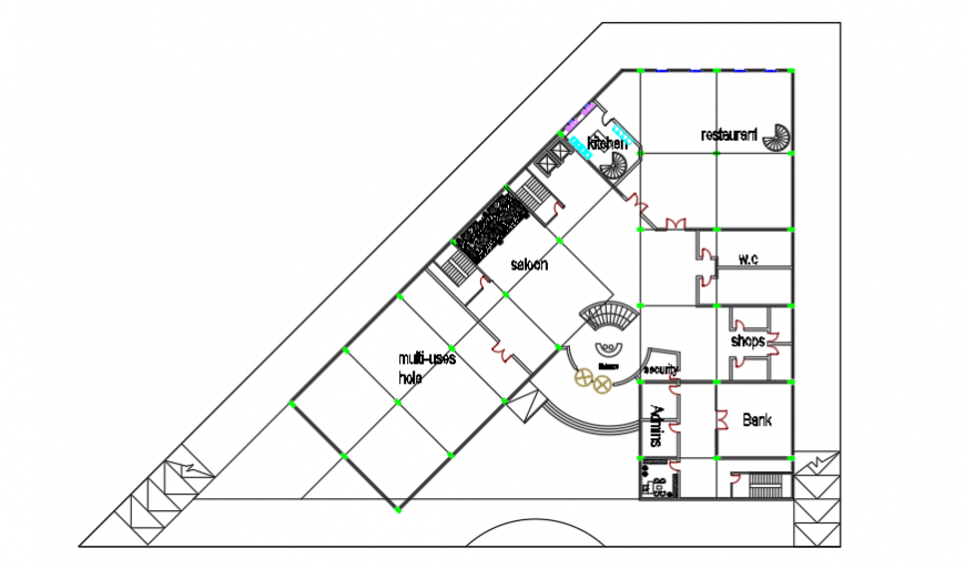 Ground floor planning design drawing of complex building design drawing