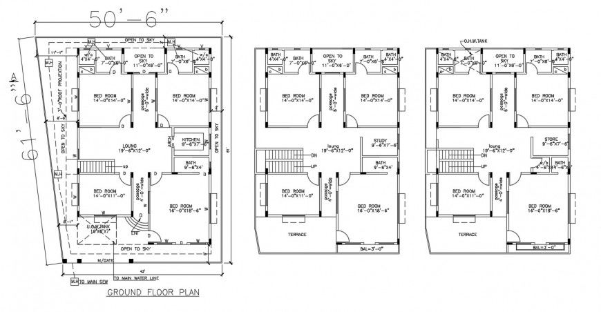 Ground floor to open sky 2d cad file detailed with a four-bedroom plan