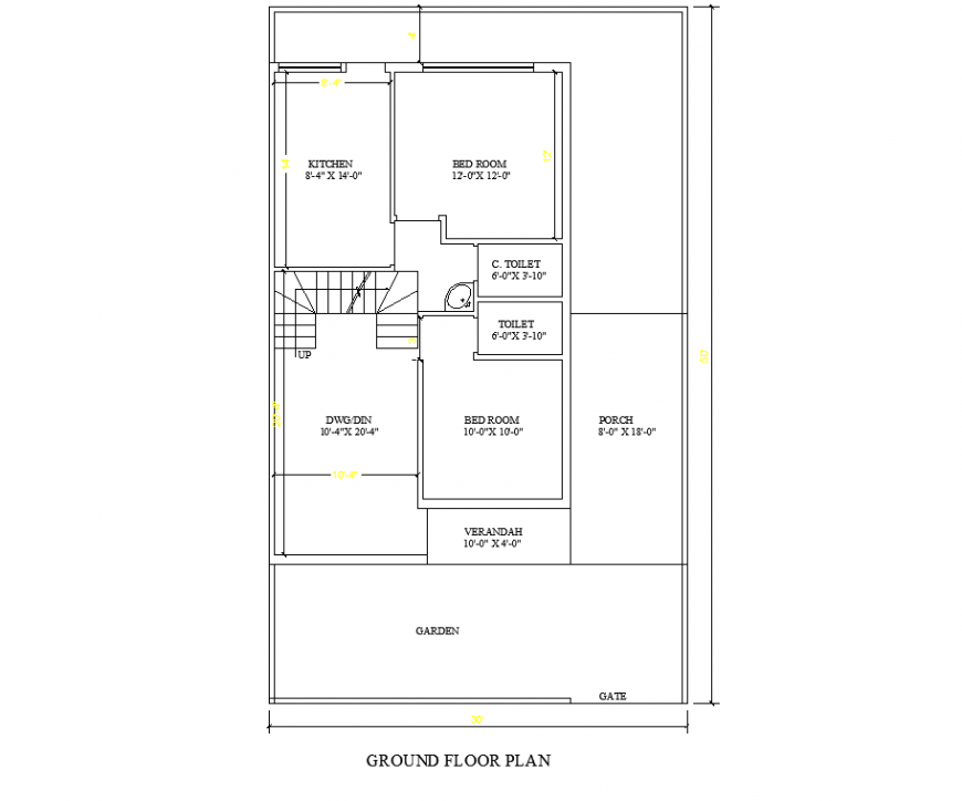 Ground floor vertical plan of the villa with in dwg AutoCAD file.