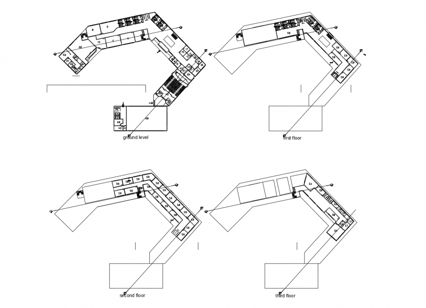 Ground to third floor plan of hotel in auto cad file