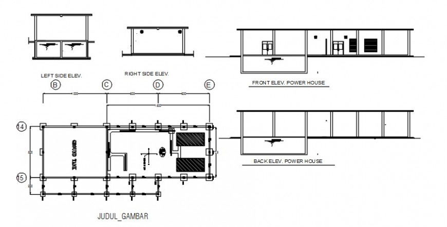 Ground water tank, power house and pump room section and plumbing details dwg file