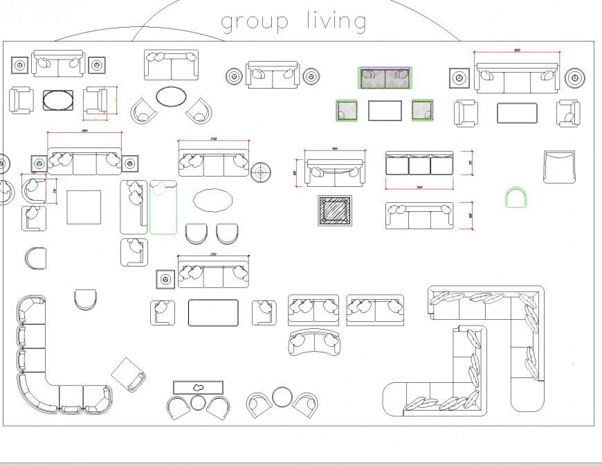 Group living room in furniture detail autocad file
