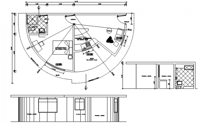 Guard house elevation, section and plan for sports center dwg file