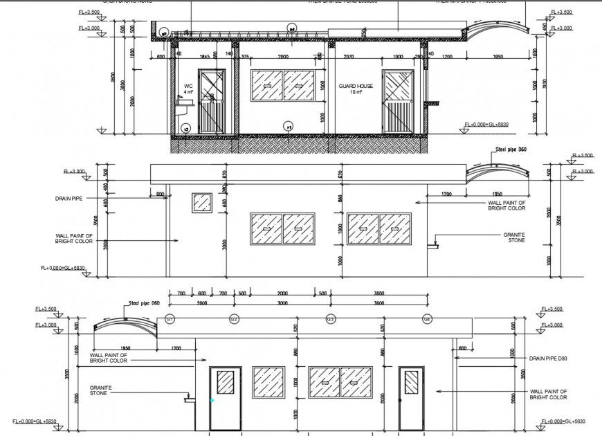 Guard house elevation and section drawing details dwg file