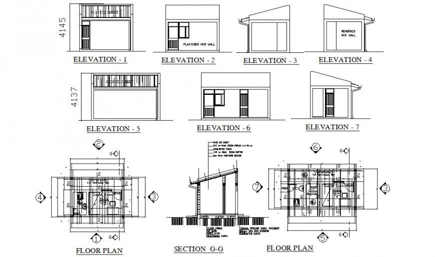 Guard house elevations, section and plan cad drawing details dwg file