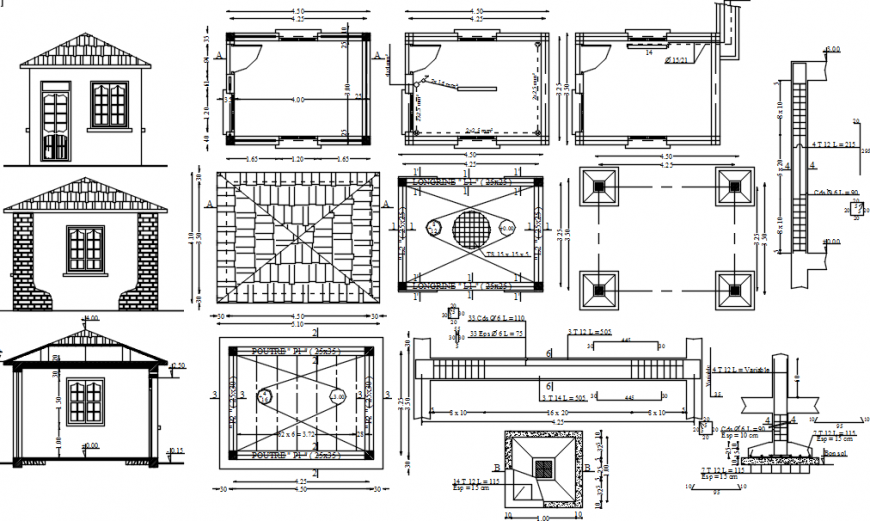 Guard house elevations, sections and structure details dwg file