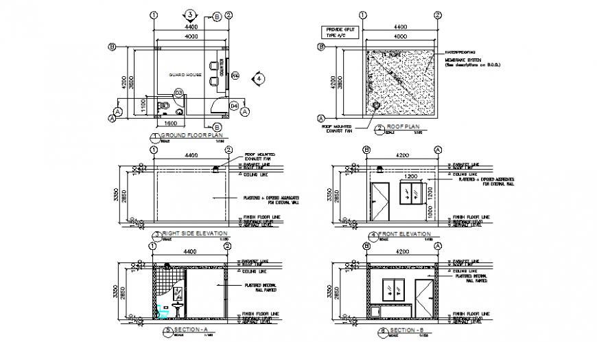 Guard house plan, elevation and section detail dwg file