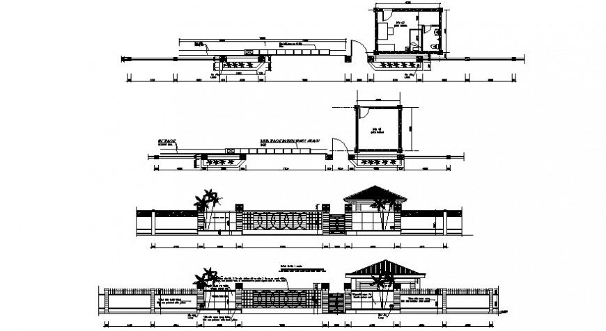 Guard house with gate and fence elevation and section drawing details dwg file