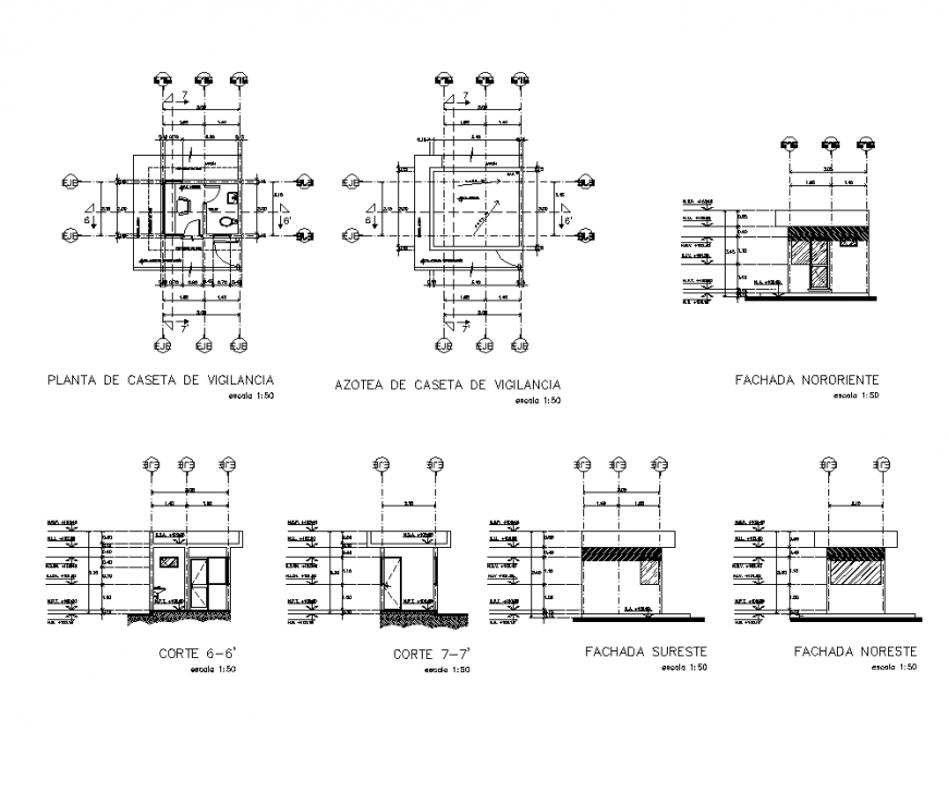 Guardhouse residential building detail elevation and plan view AutoCAD file