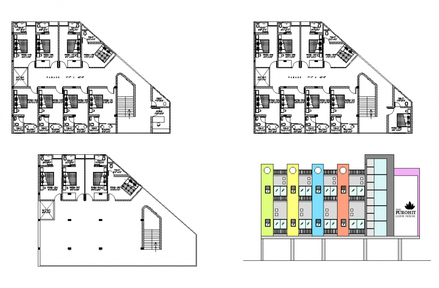 Guest-house building detail elevation and plan 2d view layout dwg file