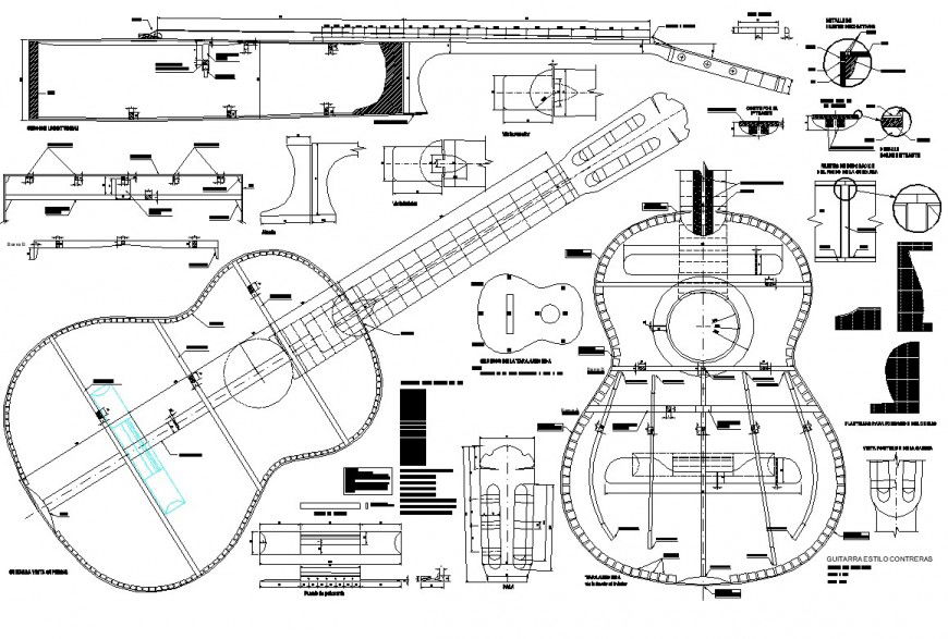 Guitar musical instrument details drawing n autocad