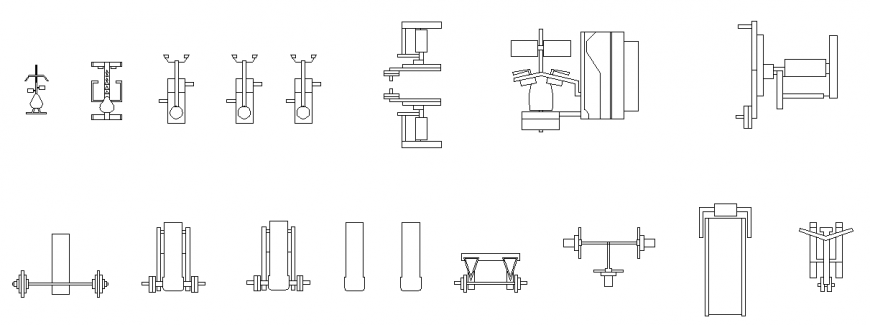 Gym attires simple plan of different instrument of exercise dwg file