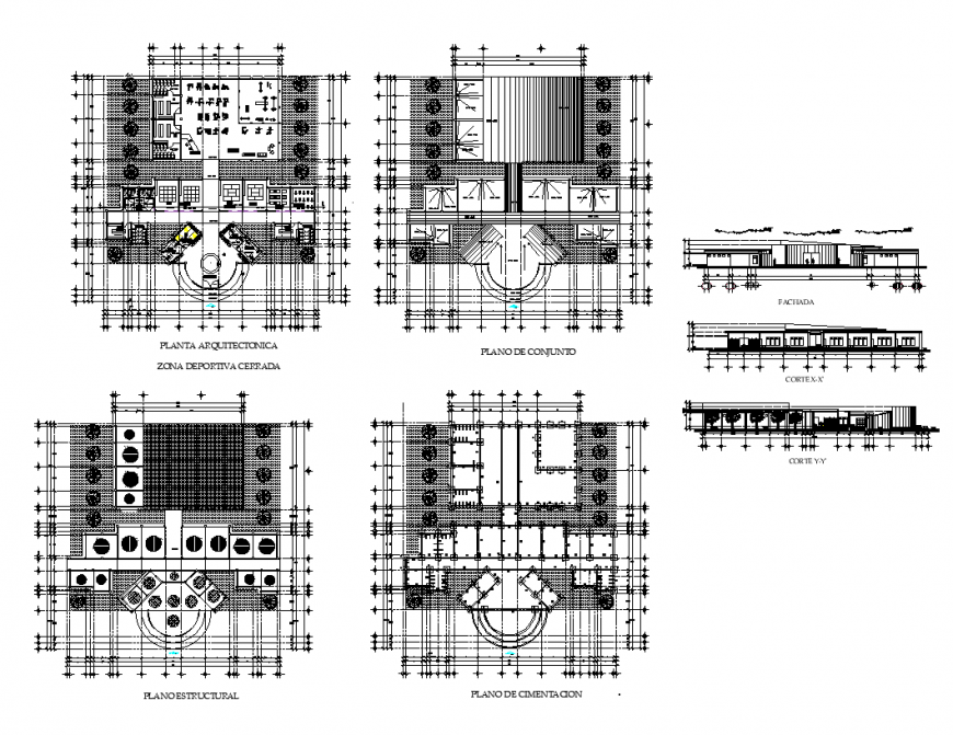 Gym building structure detail elevation 2d view layout file
