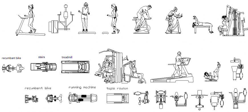 Gym equipment collection detail elevation dwg file