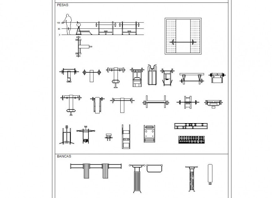 Gyming equipment blocks detail 2d view layout file in dwg format