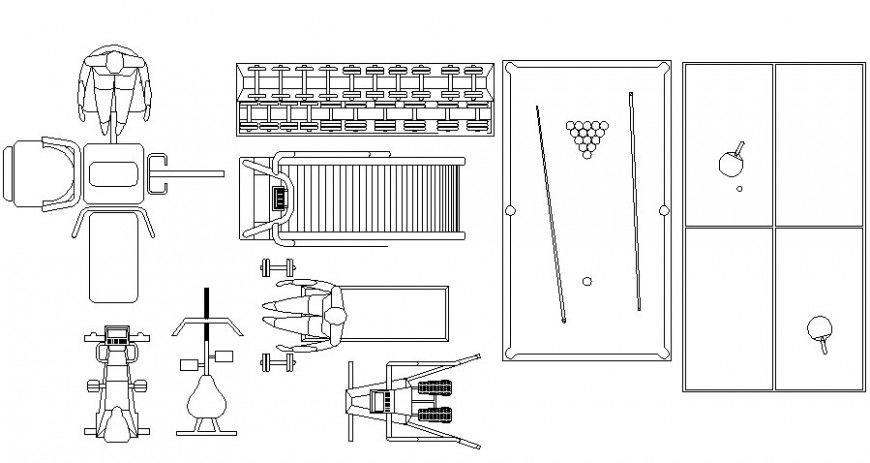 Gyming units and snooker table details dwg file
