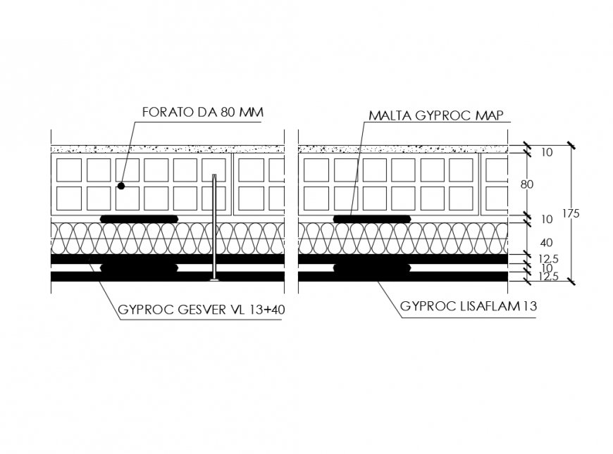 Gypsum building wall constructive structure details dwg file