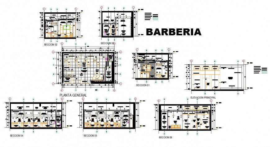 Hair saloon building elevation, plan and section 2d view layout file in dwg format