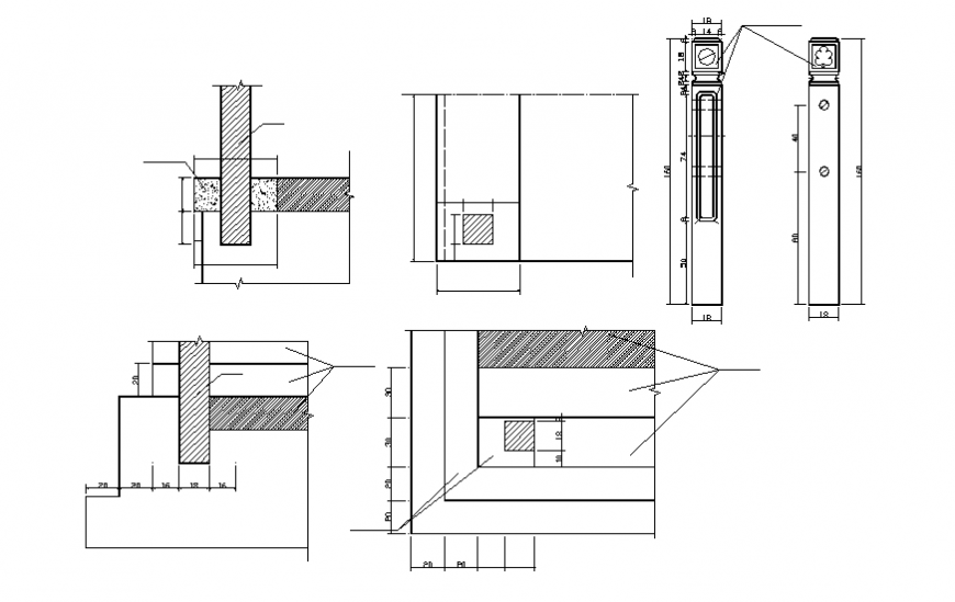 Hall column elevation, section and plan details dwg file