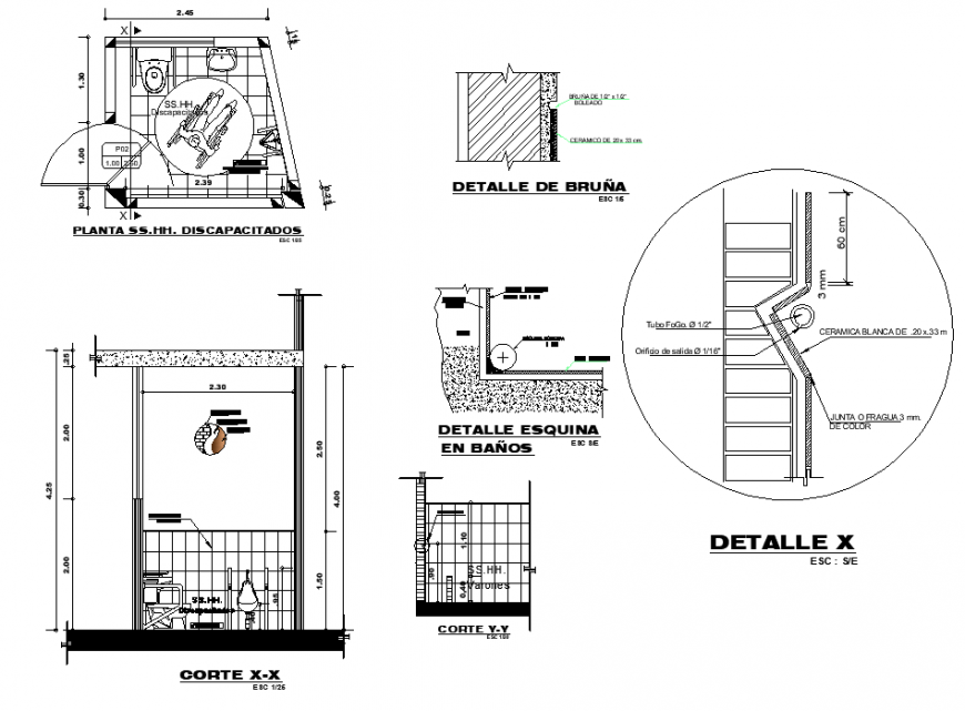 Handicraft toilet plan and section detail dwg file