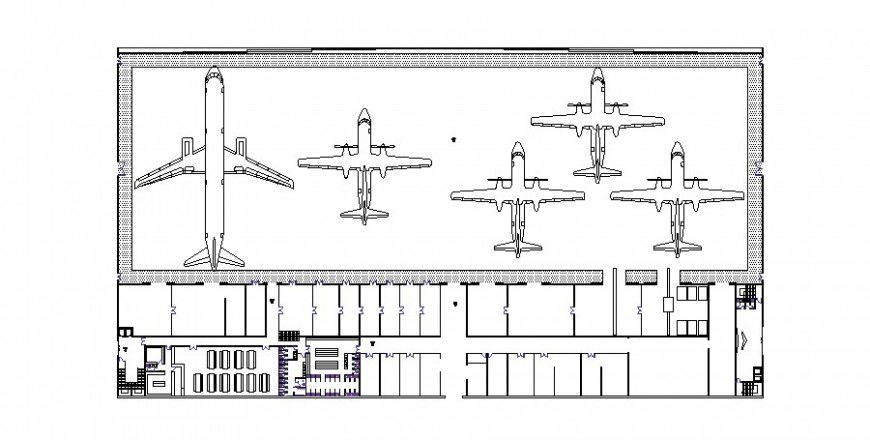 Hangar detail top view working detail plan in dwg AutoCAD file.