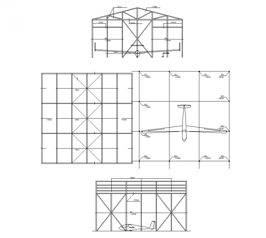 Hangar for airplane area structure with plan and elevation dwg file
