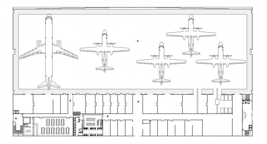 Hangar top view plan detail drawing in dwg AutoCAD file.