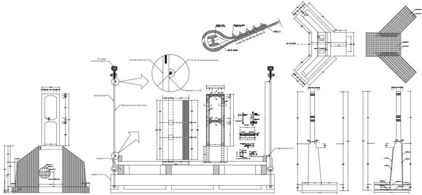 Hanging bridge footing sections and construction details dwg file
