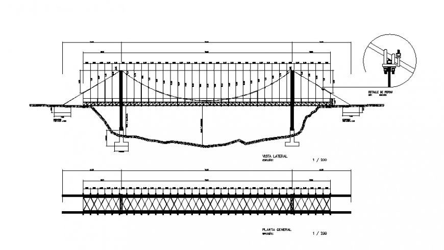 Hanging bridge front section, plan and constructive details dwg file