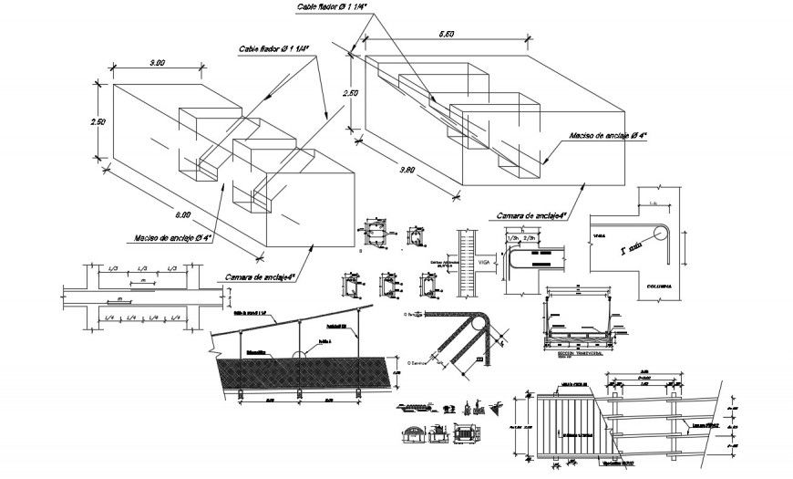 Hanging bridge isometric section and construction drawing details dwg file