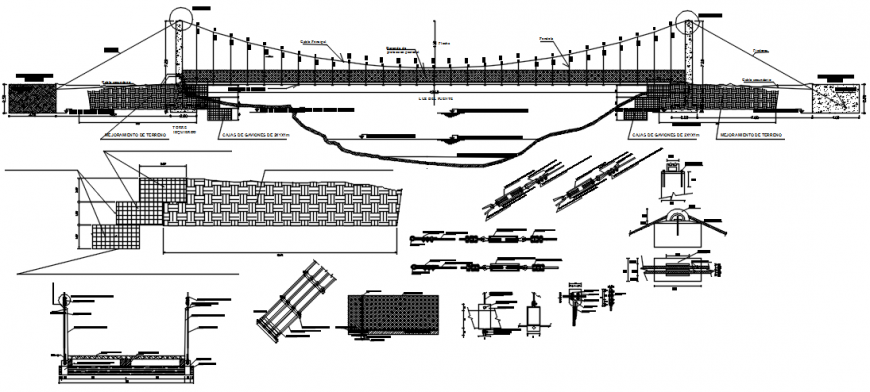 Hanging bridge main section and constructive structure drawing details dwg file