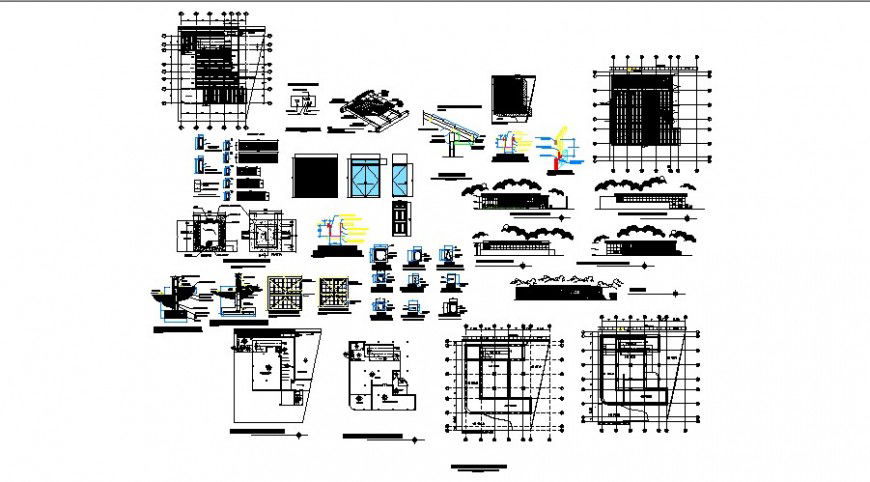 Hardware store elevation, section, plan, sanitary installation and structure details dwg file