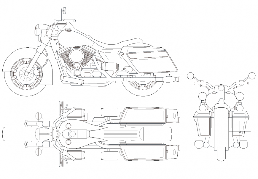 Harley Davidson bike plan,elevation and rear view dwg file