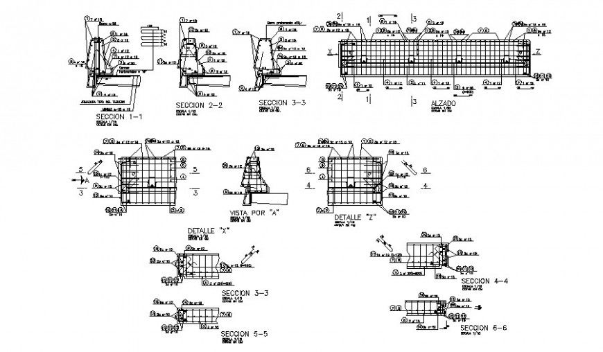 Hatching elevation and section retaining wall detail dwg file
