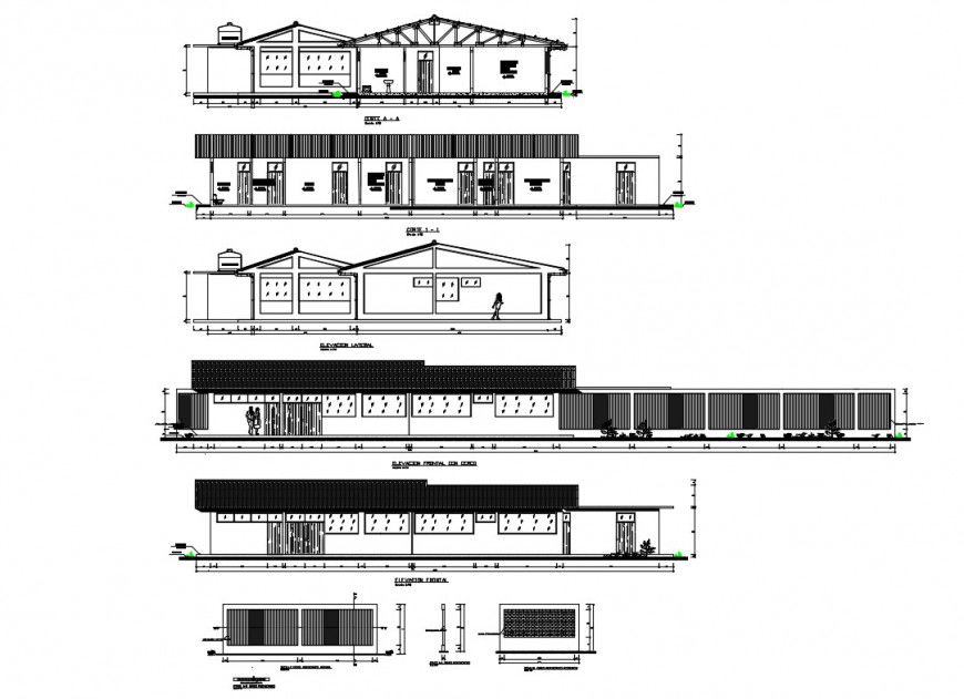 Health center all sided elevation and sectional details dwg file