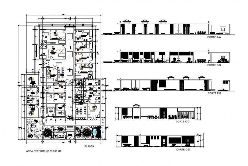 Health center building all sided section and distribution plan cad drawing details dwg file
