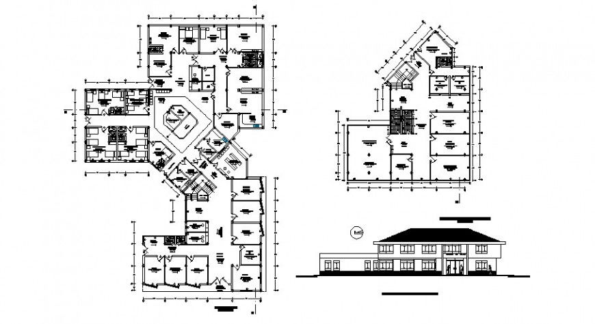 Health center main elevation with ground and first floor plan cad drawing details dwg file