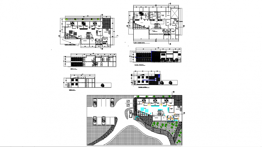 Health center two story elevation, section and floor plan details dwg file