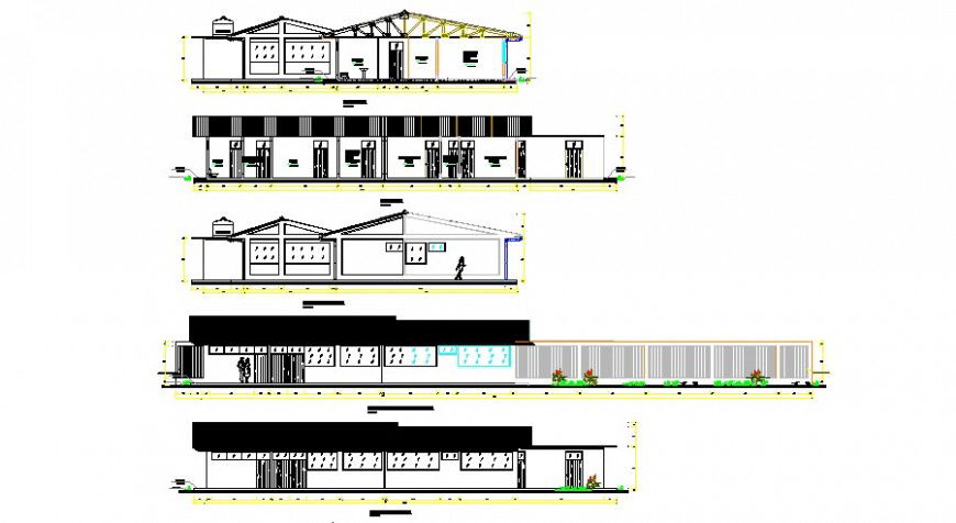 Health clinic all sided elevation and sectional details dwg file