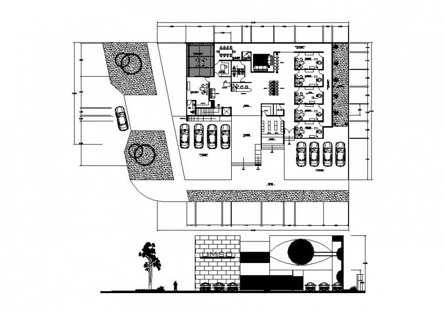 Health clinic main elevation and layout plan cad drawing details dwg file
