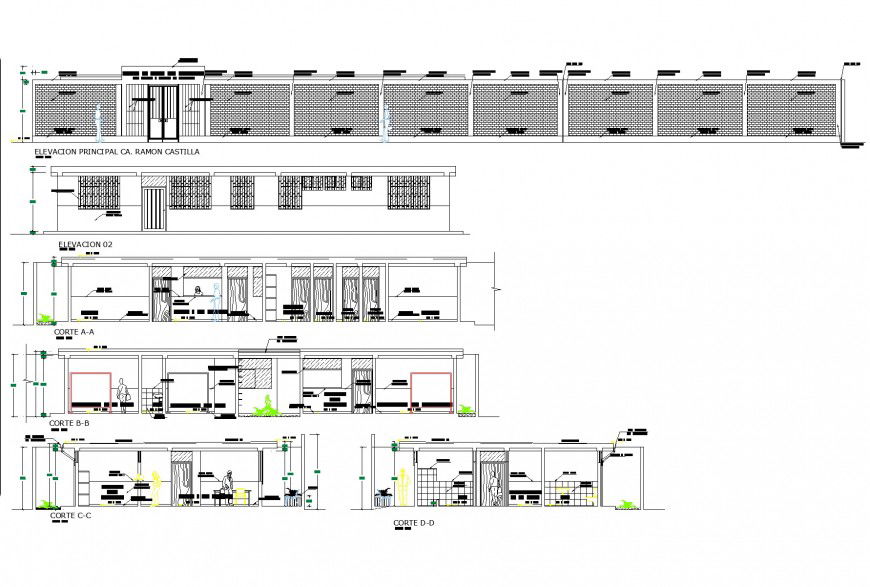 Health post elevation and section plan autocad file