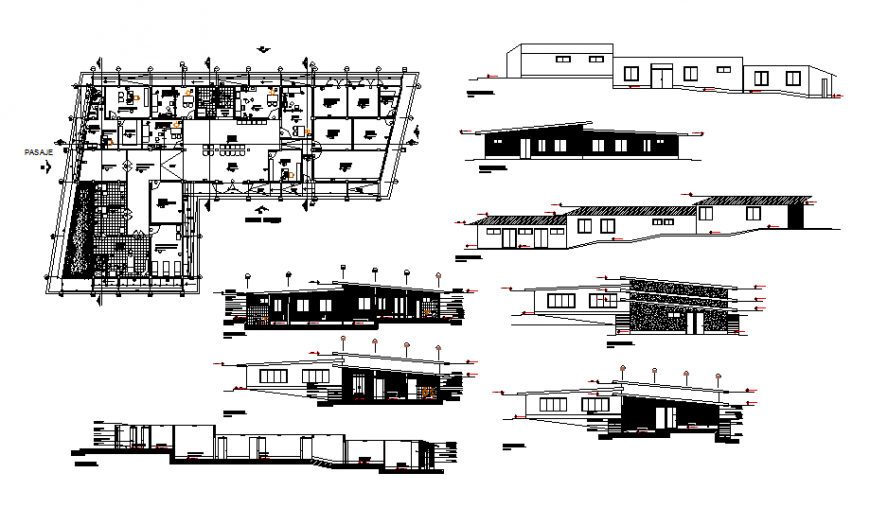 Health post hospital all sided elevation, section and layout plan details dwg file