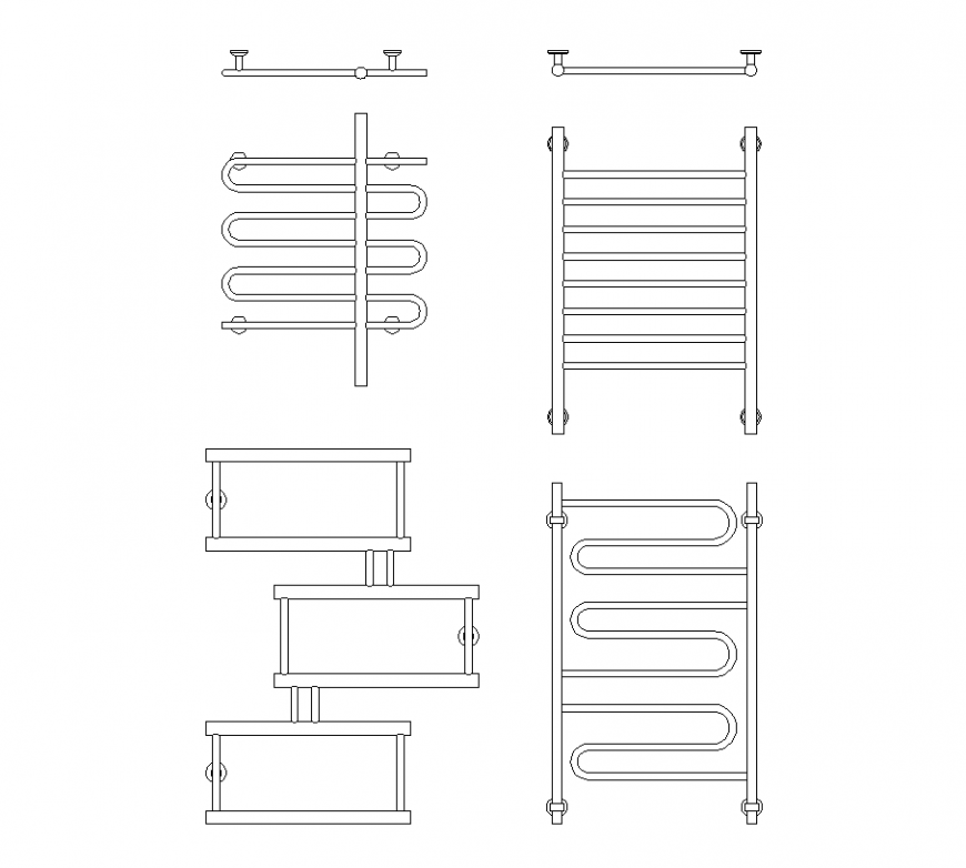 Heated towel rail plan and elevation with structure detail dwg file