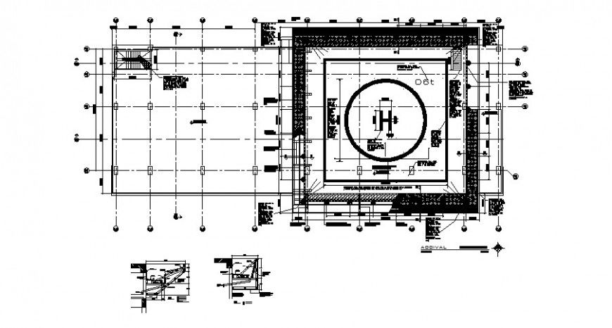 Helicopter landing base area 2d view detailing drawing in dwg format